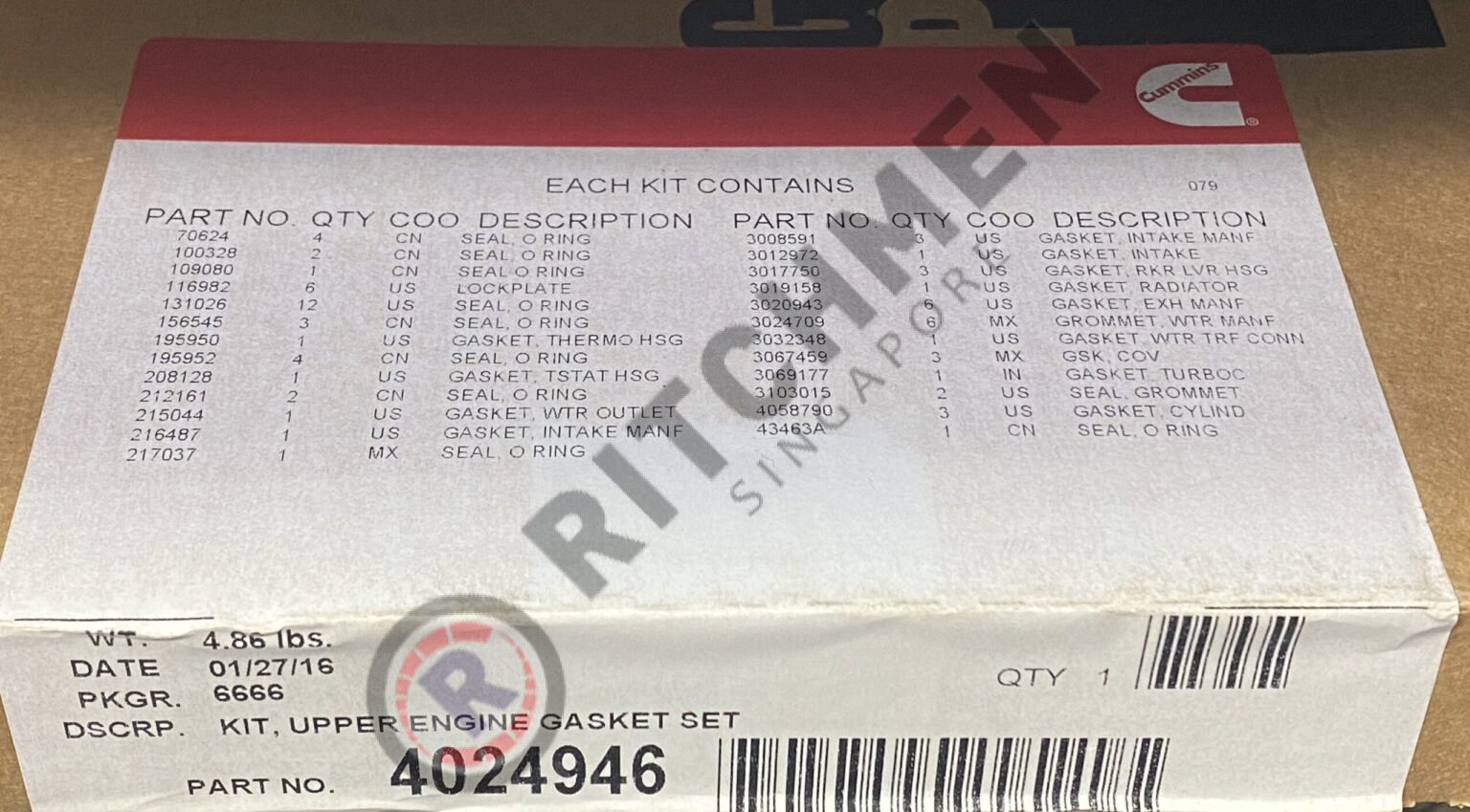 Genuine Cummins 4024946 SET, UPPER ENGINE GASKET - Ritchmen (S) Pte Ltd
