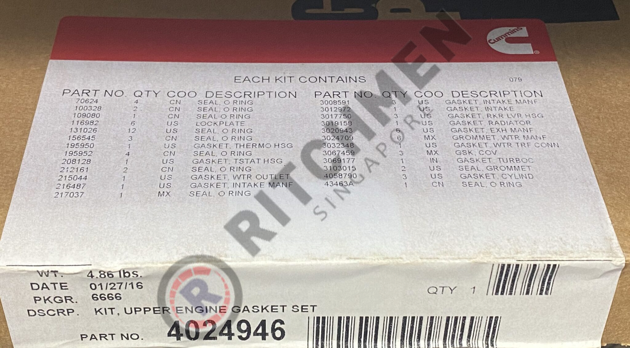 Genuine Cummins 4024946 SET, UPPER ENGINE GASKET - Ritchmen (S) Pte Ltd