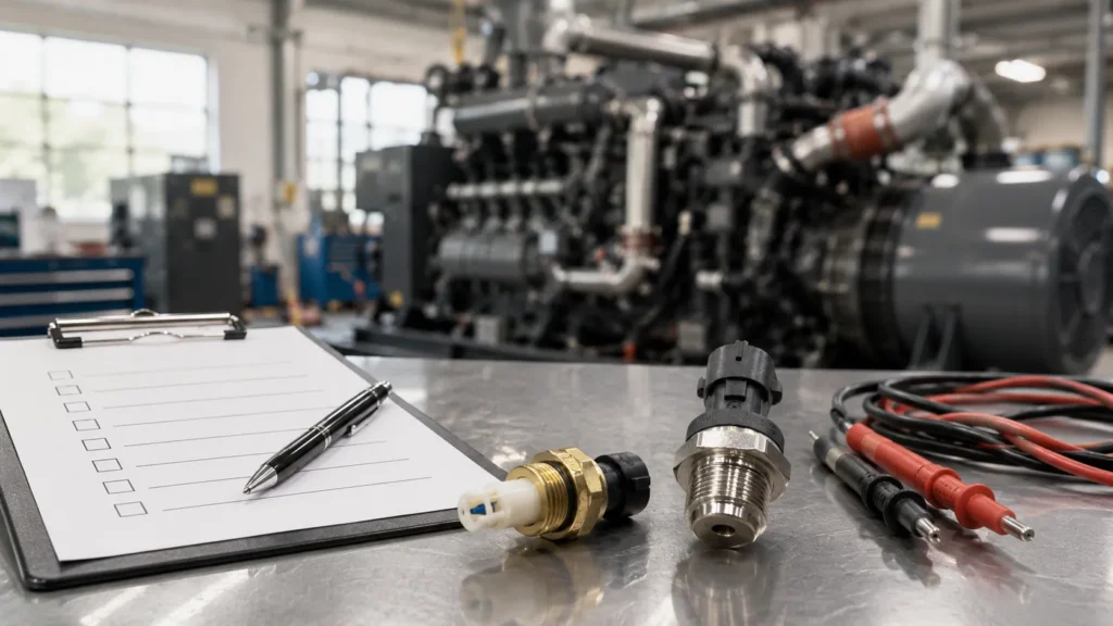 Fuel temperature sensors placed beside a maintenance checklist and diagnostic tools in a diesel engine workshop