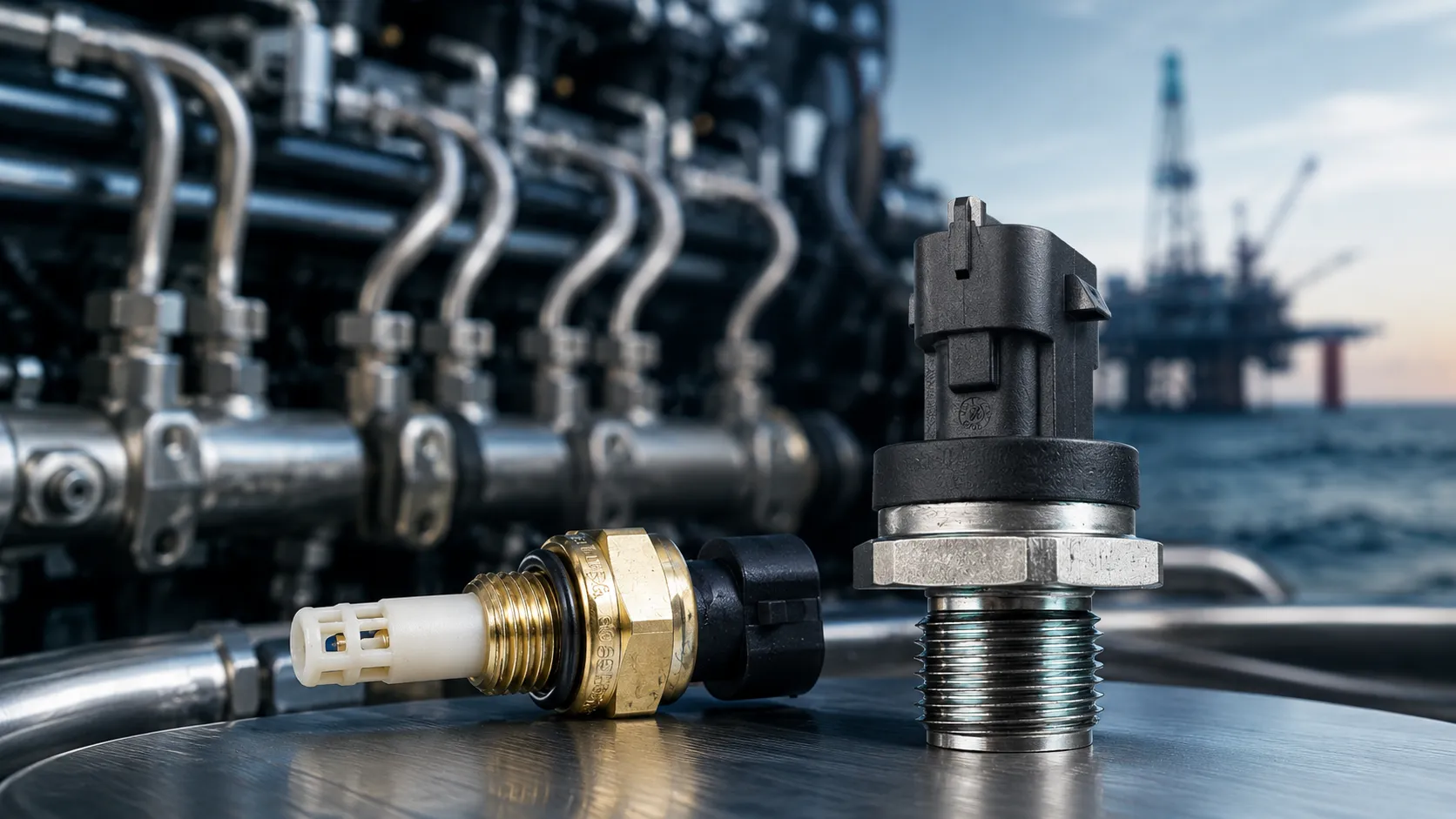 Fuel temperature sensors displayed in front of a diesel fuel system with an offshore industrial background