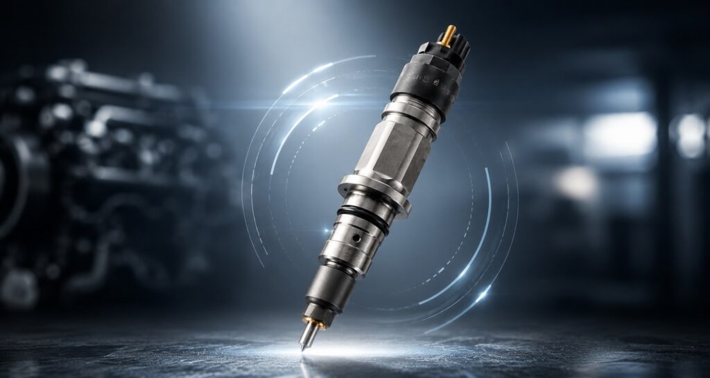 Diesel fuel injector shown in a modern industrial engine setting to show diesel fuel injector wear symptoms 