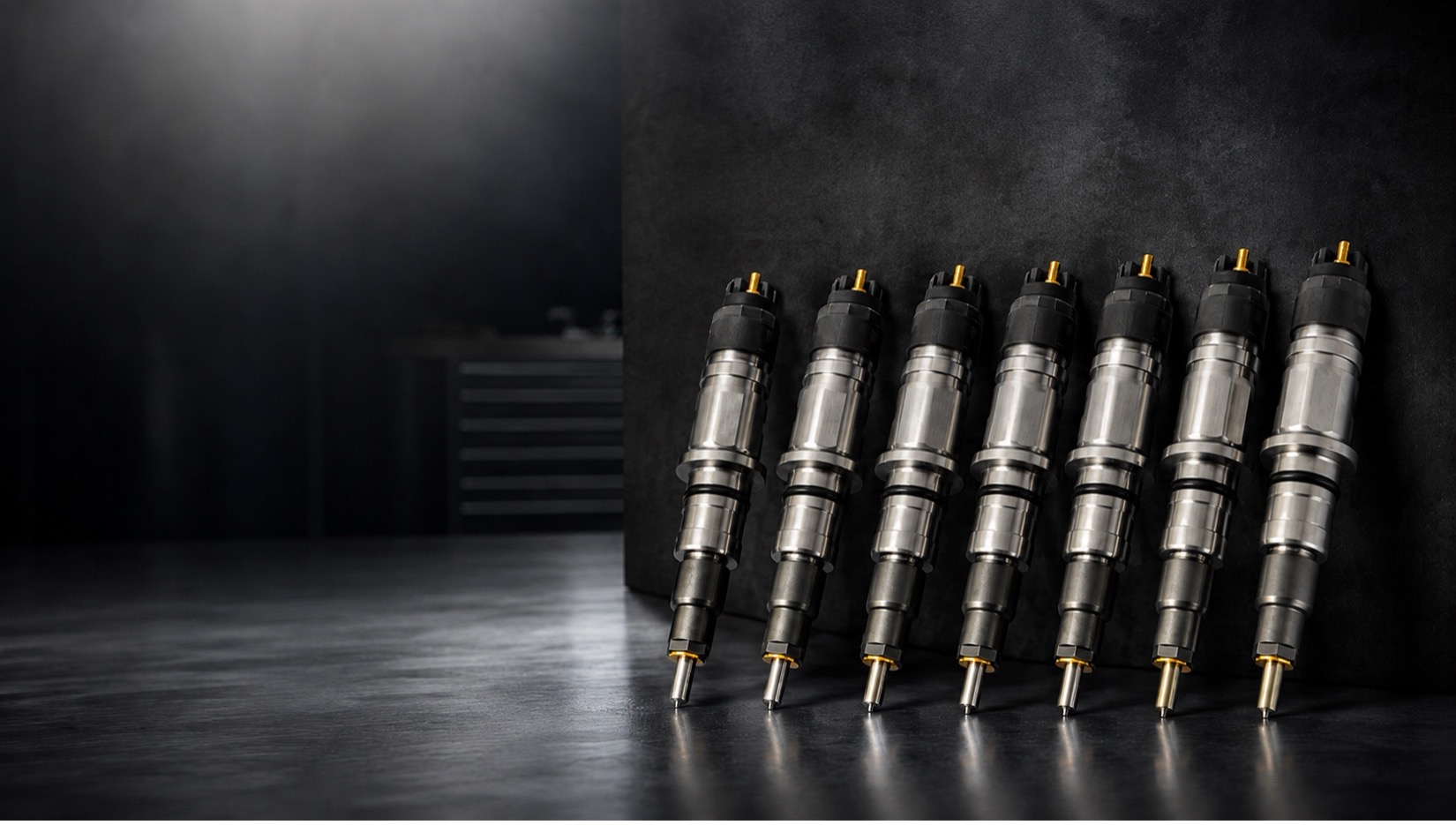 Diesel fuel injectors arranged in an industrial workshop setting in Diesel fuel injector wear symptoms