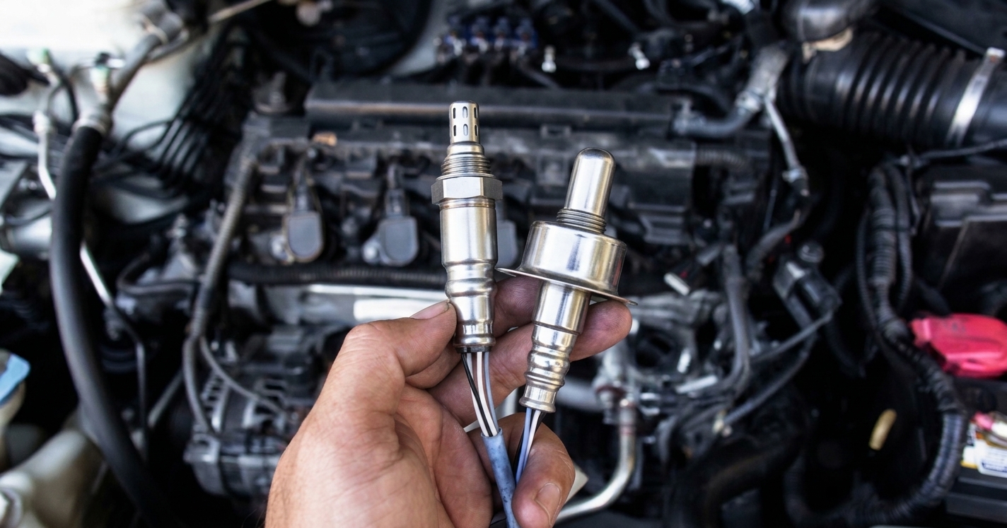 Technician holding two heavy-duty engine sensors removed from a diesel engine bay.